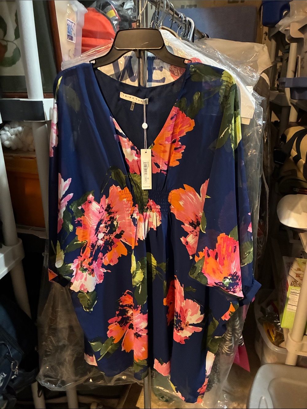 Vintage Navy Floral V-Neck Gentle Dress with Pink & Green Accents